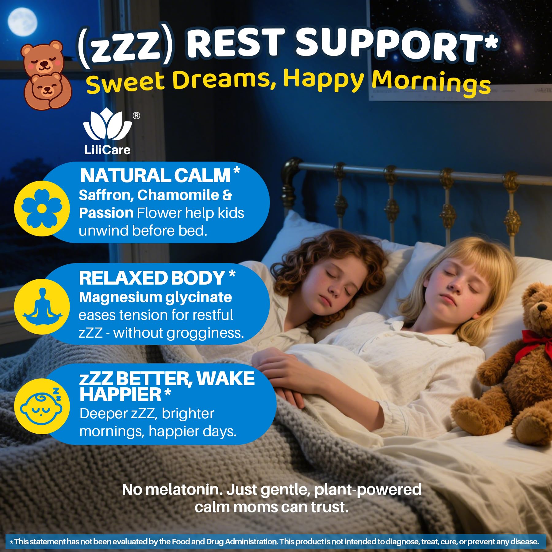 LILICARE kid taking gummy demonstrates convenient, chewable daily ritual for calm moments.