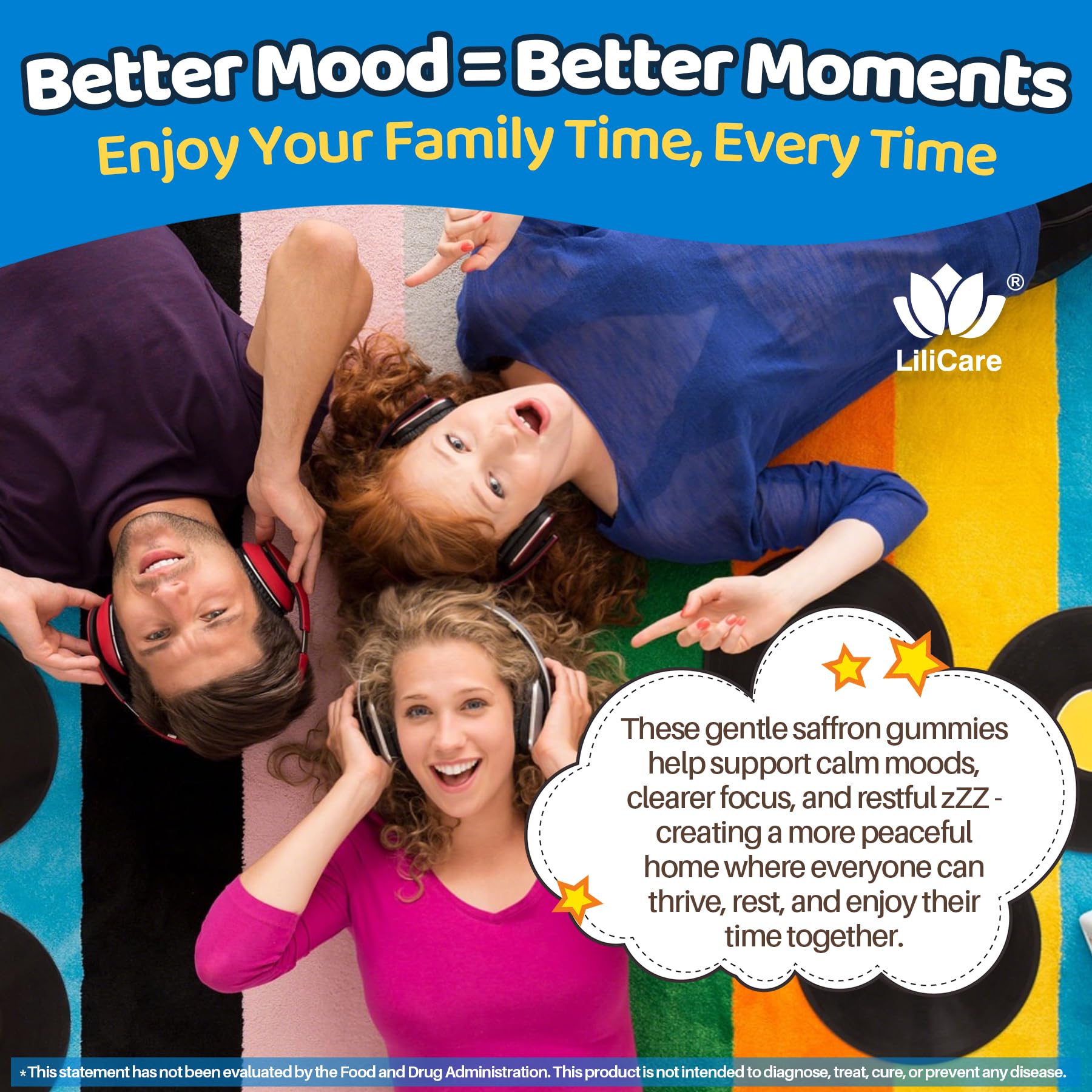LILICARE bottle with family using gummies during school routine and bedtime.
