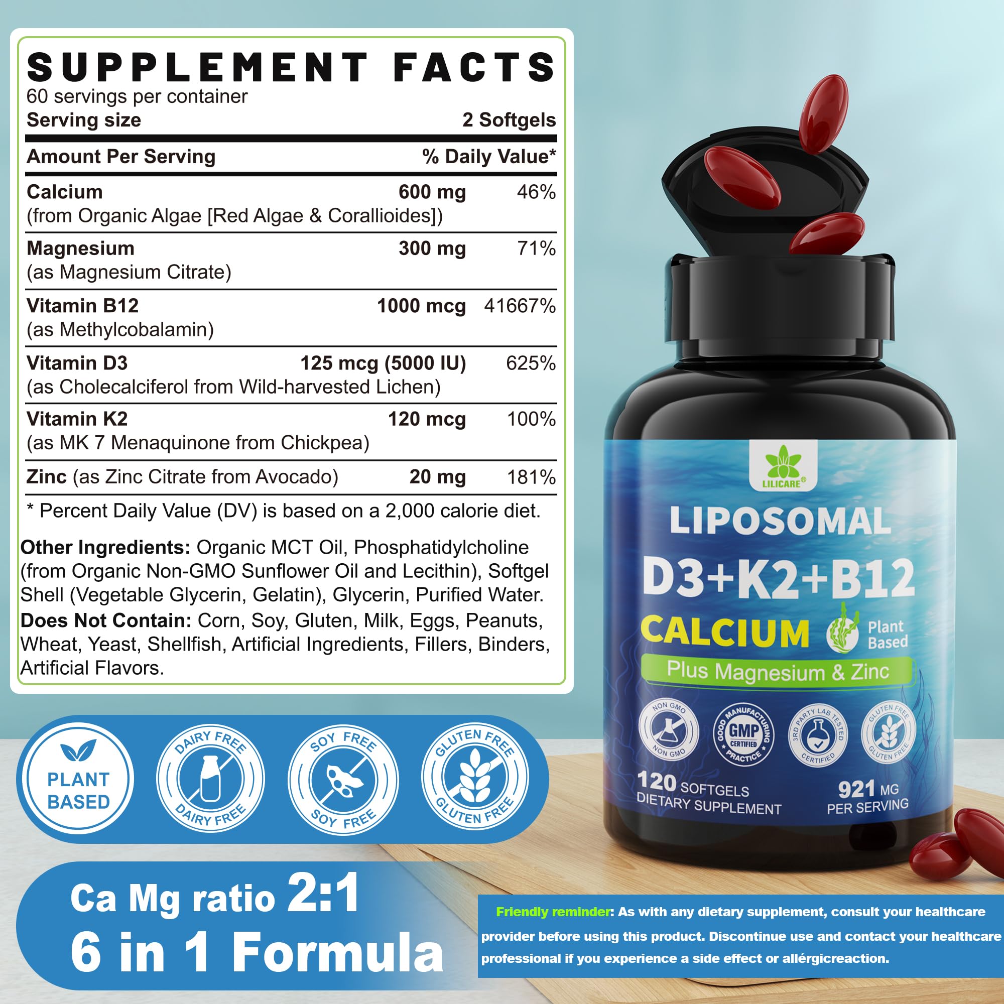 LILICARE softgels inside amber bottle showing easy-to-swallow design.