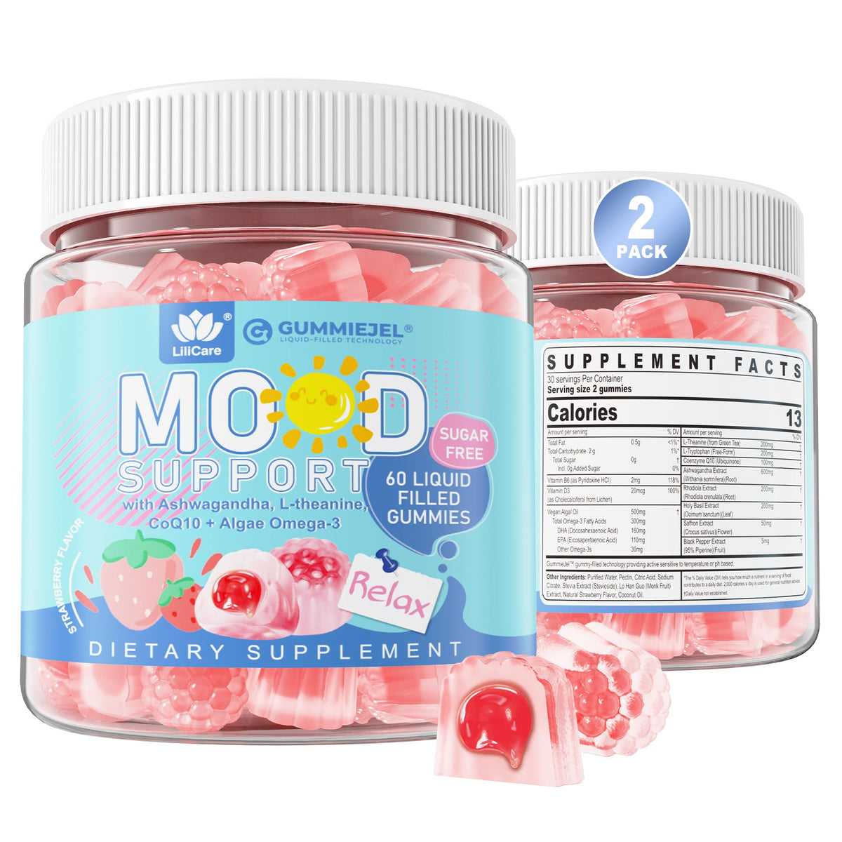 LILICARE sugar-free Ashwagandha mood gummies in a jar for calm support