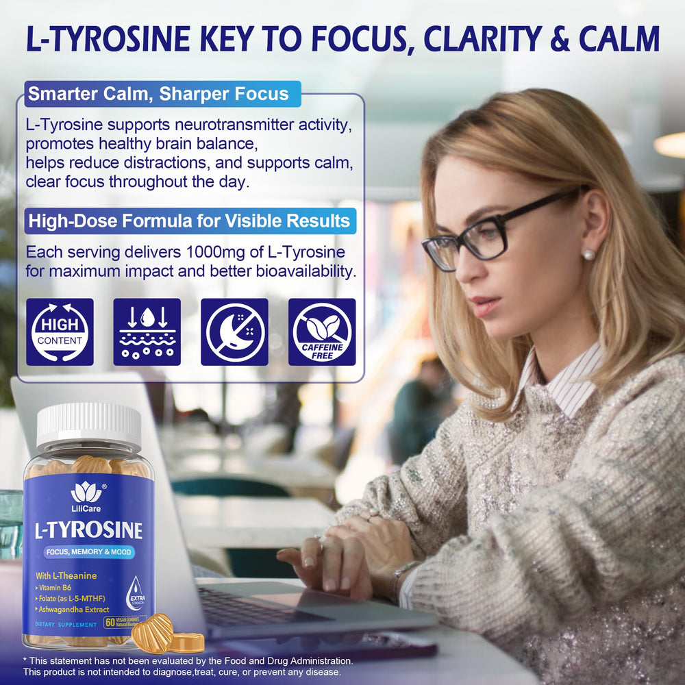 LILICARE Tyrosine bottle back lists ingredients supporting calm thinking