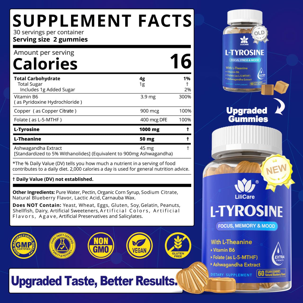 LILICARE Tyrosine bottle front shows label and blueberry flavor cue for focus
