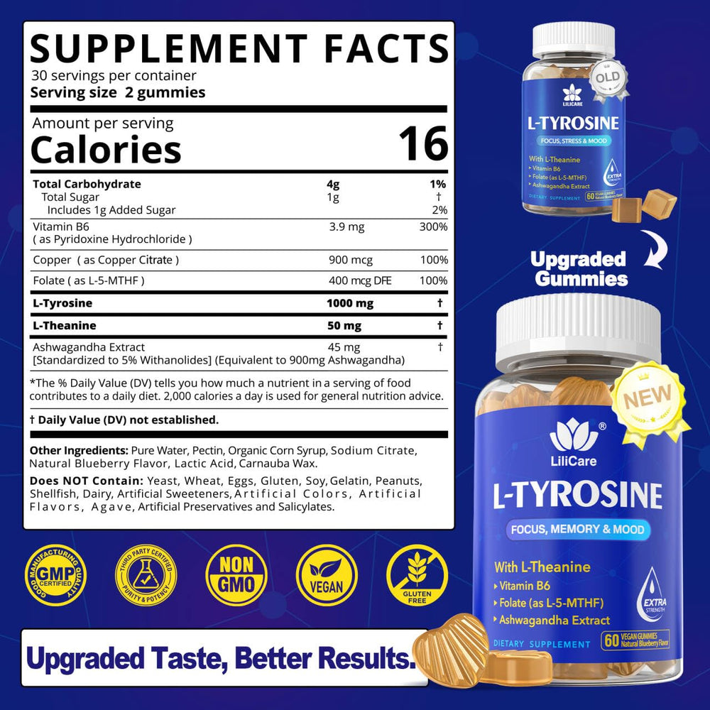 LILICARE Tyrosine bottle front shows label and blueberry flavor cue for focus