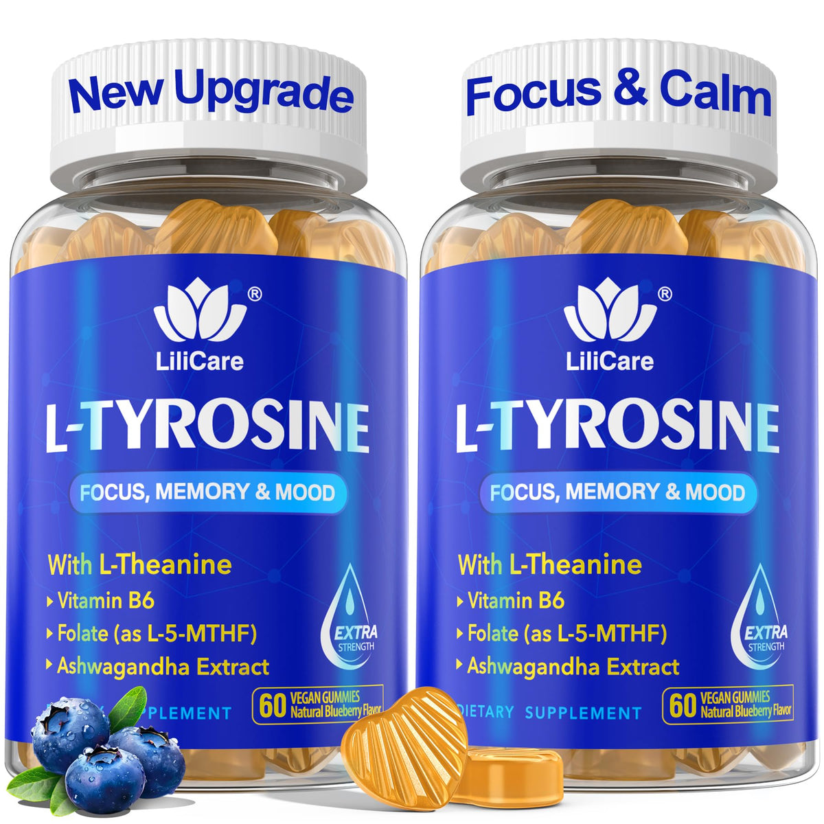 LILICARE L Tyrosine Gummies label emphasizes vegan formula for calm focus