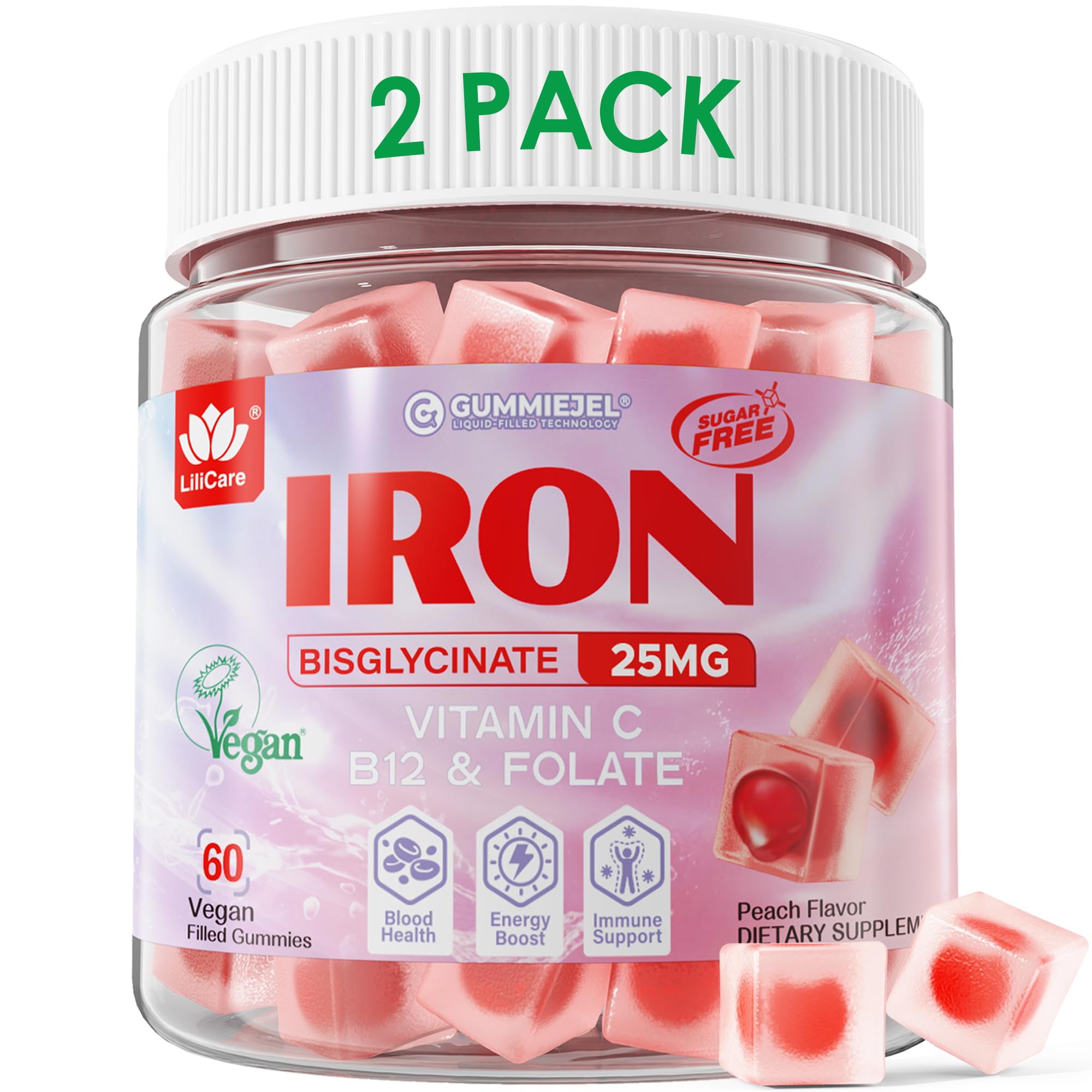 LILICARE Vegan Iron Gummies peach bottle shows sugar-free energy support.