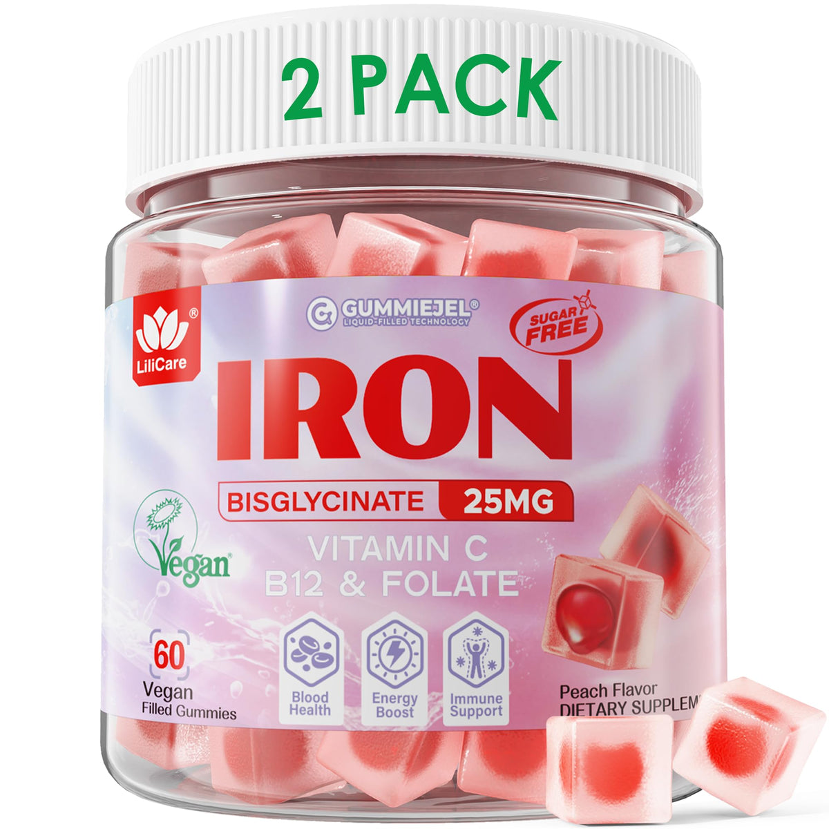 LILICARE Vegan Iron Gummies peach bottle shows sugar-free energy support.