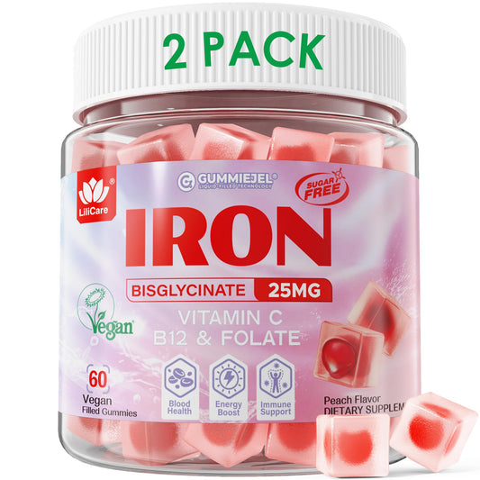 LILICARE Vegan Iron Gummies peach bottle shows sugar-free energy support.