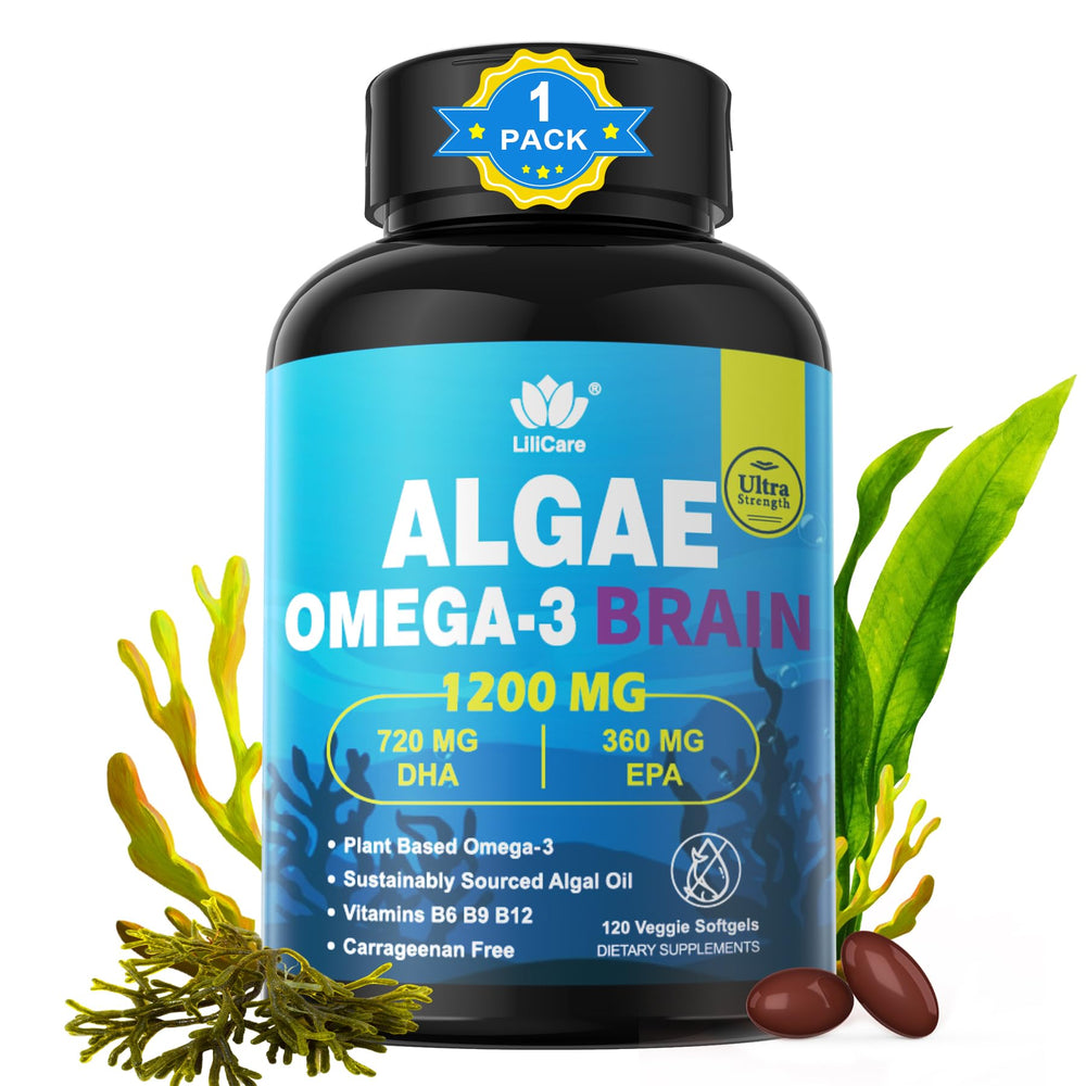 LILICARE vegan omega-3 algae oil bottle for clean, fish-free omega-3 intake.