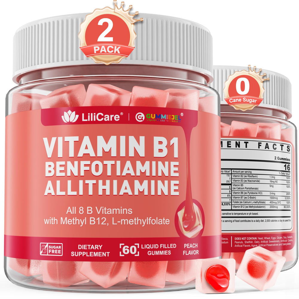 LILICARE Vitamin B1 Complex Gummies on bottle for daily energy support and nerve health.