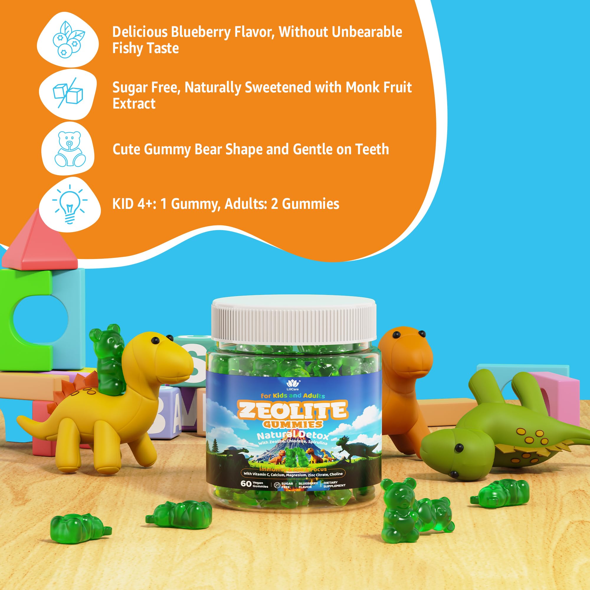 LILICARE Zeolite Detox gummies texture closeup highlighting chewy bite and berry flavor.