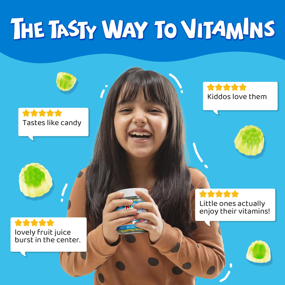 Chewable grape gummies shown as kid-friendly and easy to chew.