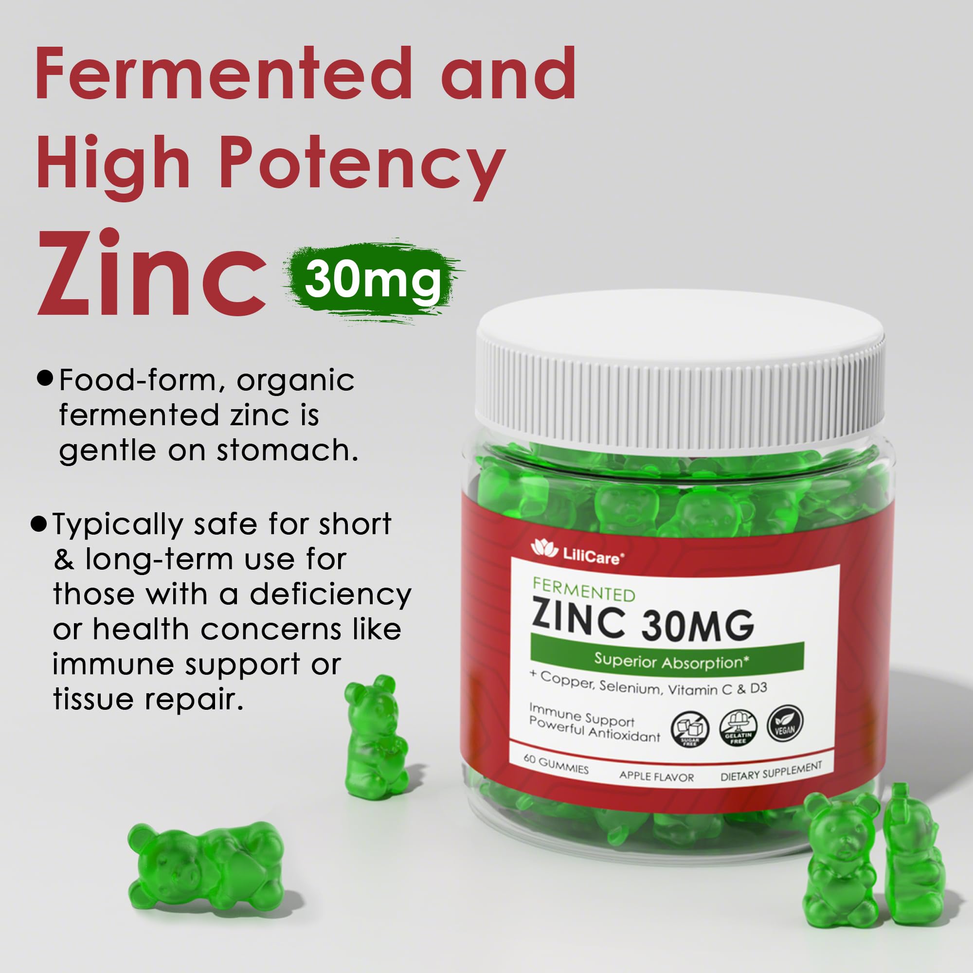 LILICARE Zinc Gummies show organic whole-food antioxidant blend visuals.