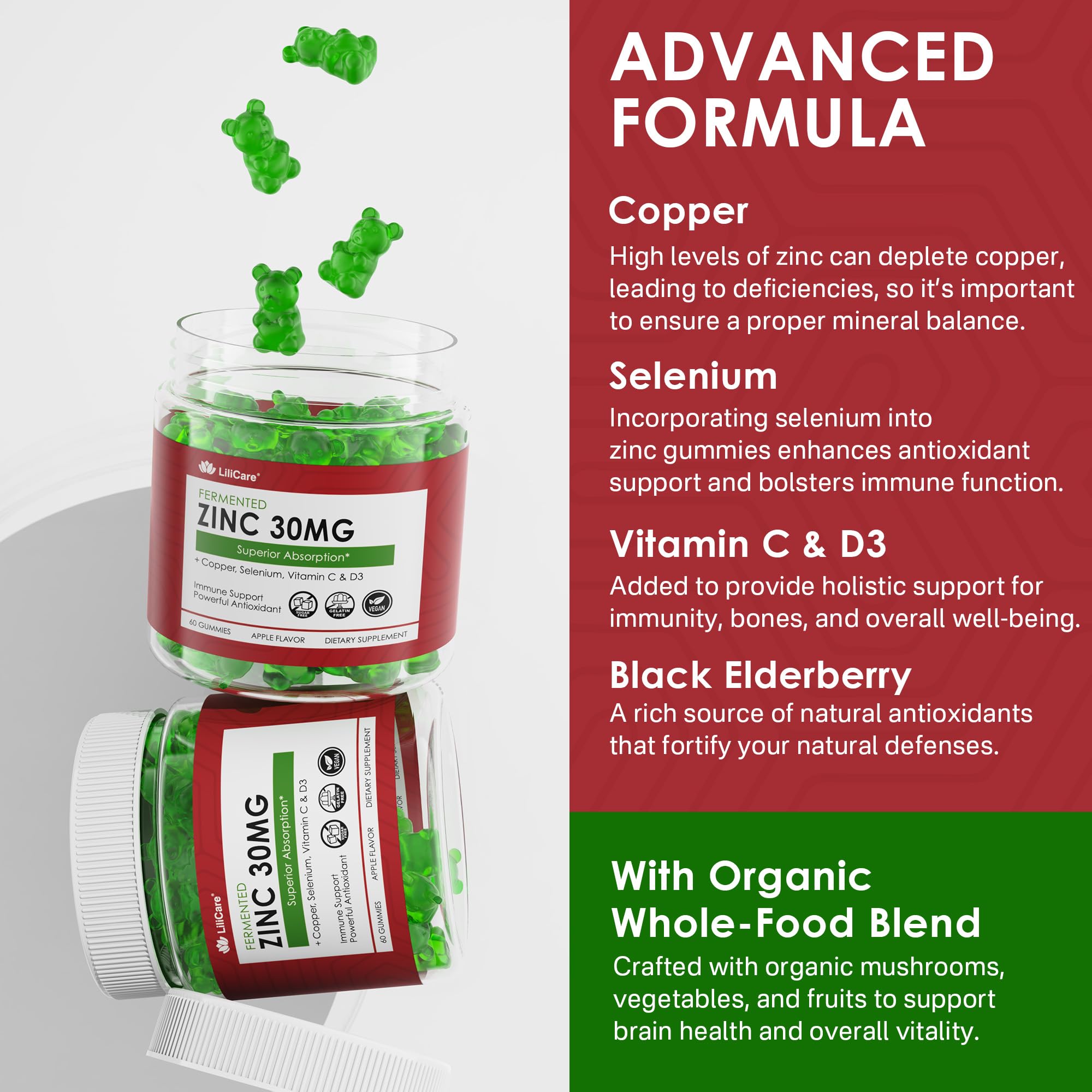 LILICARE Zinc Gummies sugar-free apple flavor shown as daily treat.