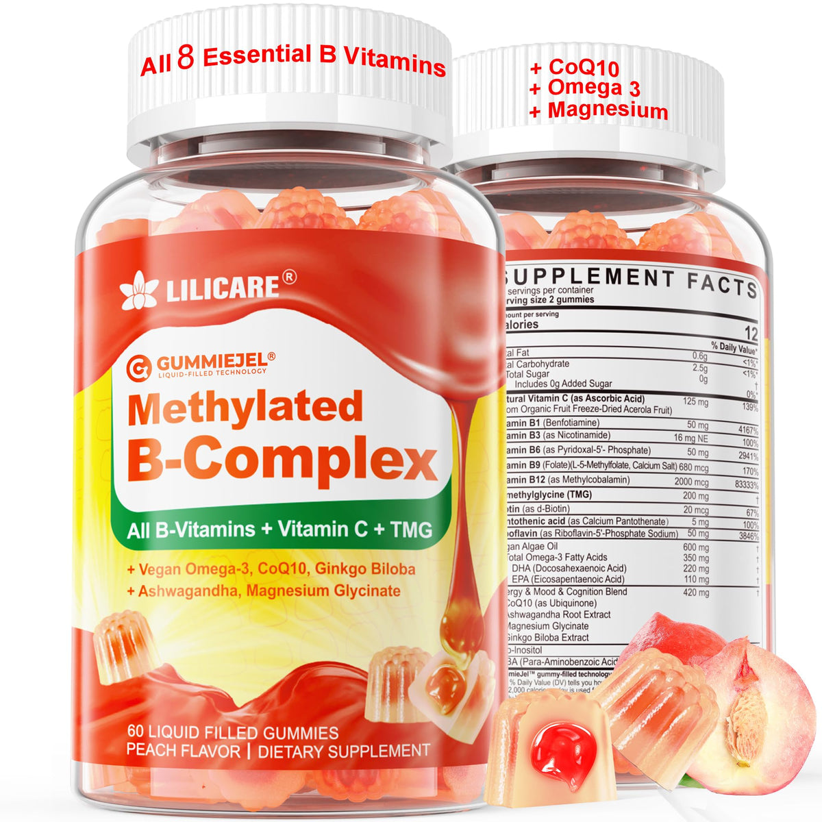 LILICARE packaging of Super Methylated B Complex Gummies highlighting sugar-free daily wellness