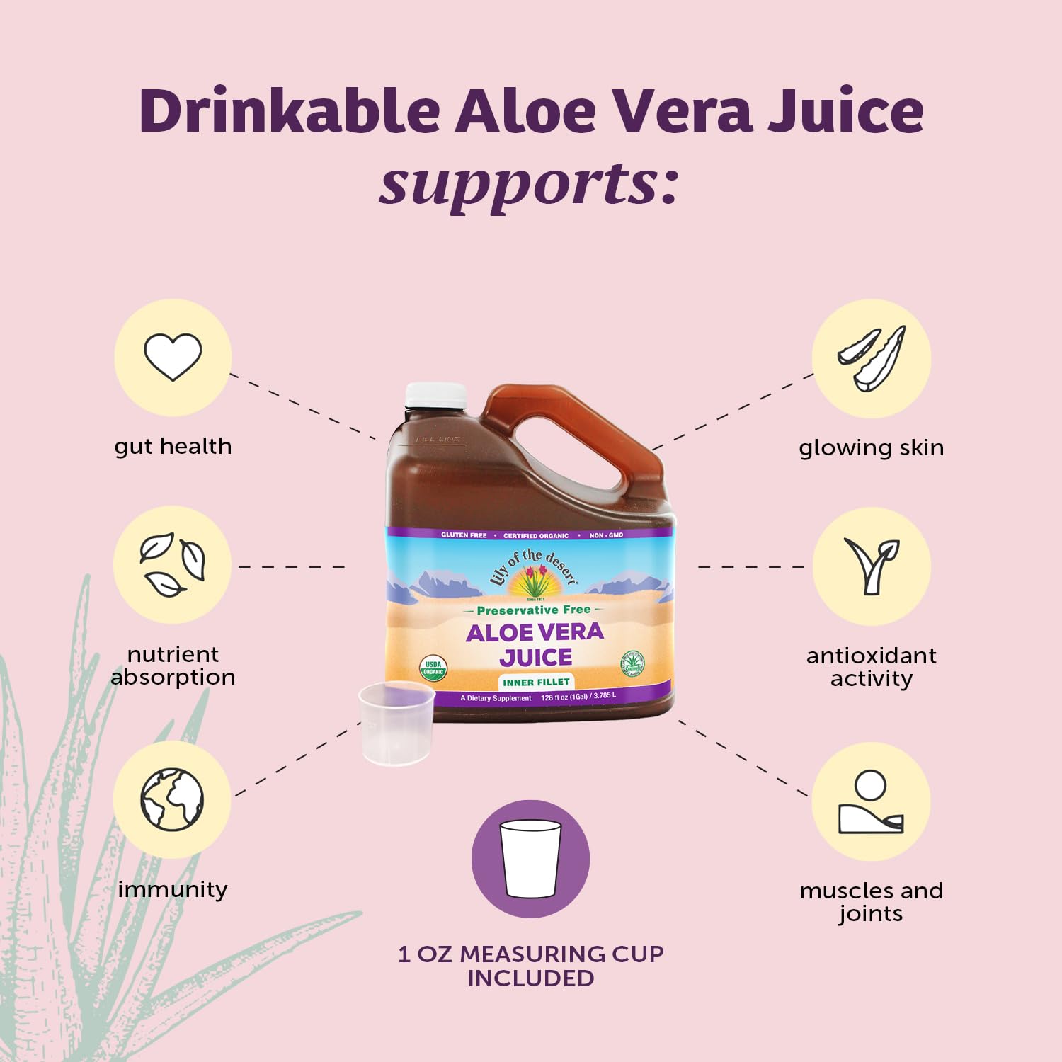 Close-up of label on Lily of the Desert Aloe Vera Juice highlighting Aloesorb and organic certifications