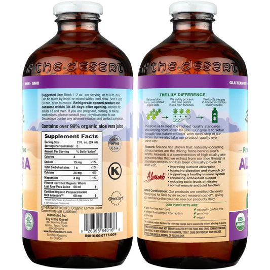 Lily of the Desert aloe juice label closeup highlights Aloesorb and organic farming, boosting perceived purity.