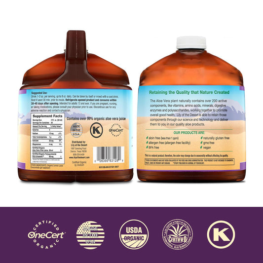 Pouring Lily of the Desert Aloe Vera Juice for easy daily use before meals