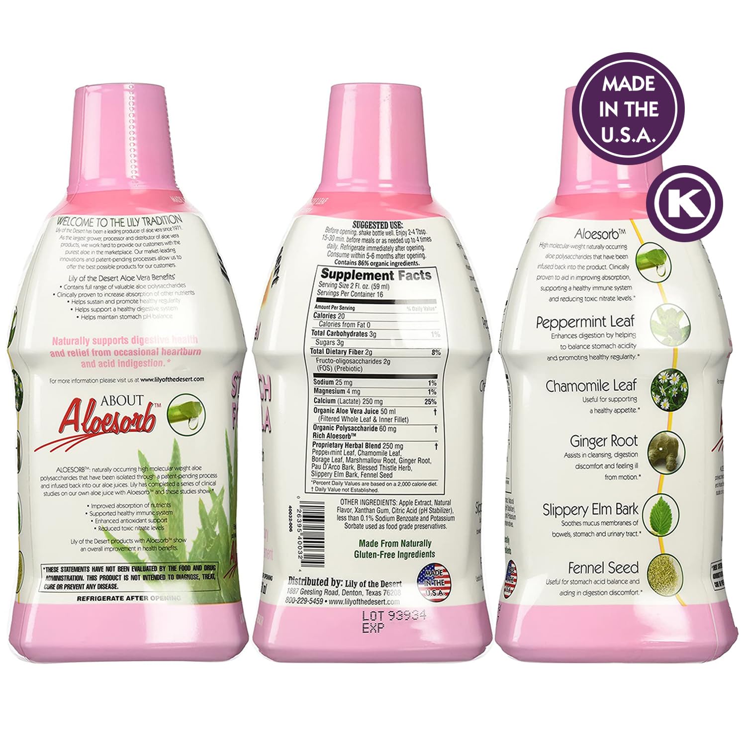 Lily Of The Desert Aloesorb label closeup highlighting enhanced aloe benefits