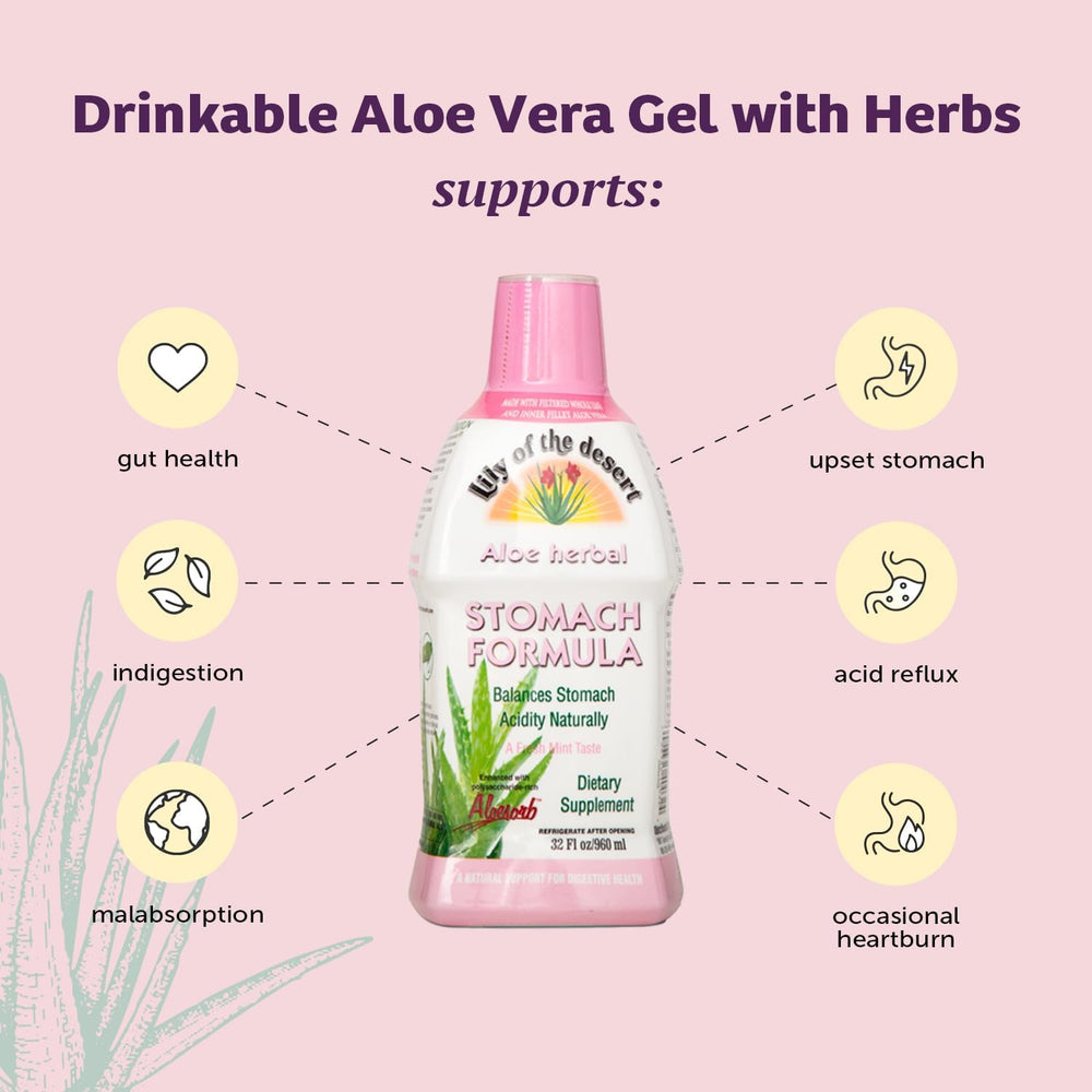 Ingredients include slippery elm, chamomile, peppermint, and ginger in Lily Of The Desert formula.