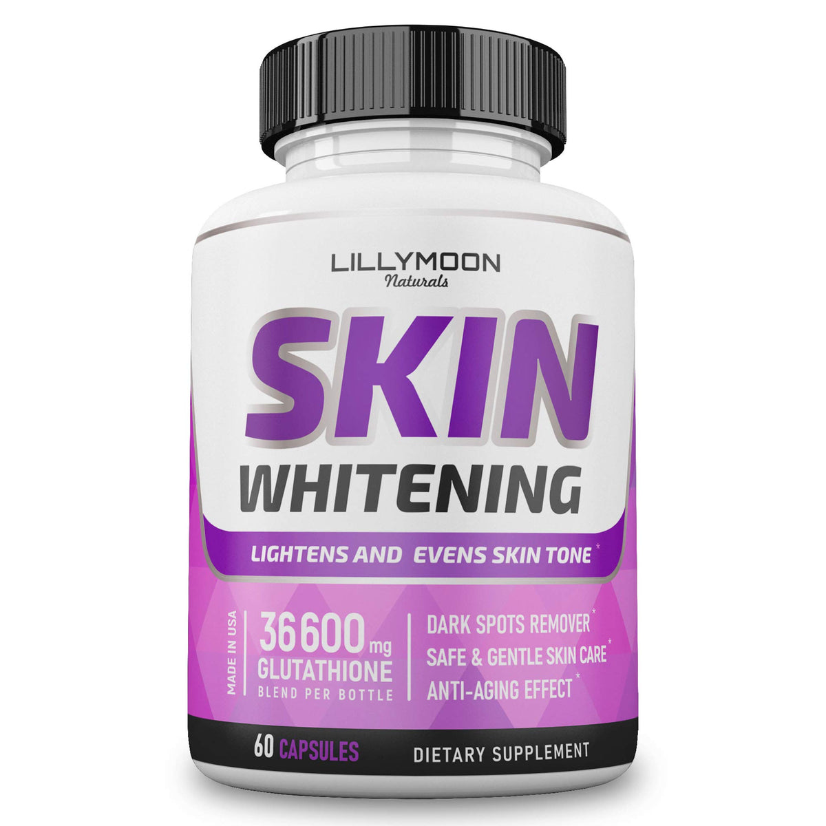 LILYMOON Glutathione whitening bottle shows skin-brightening formula.