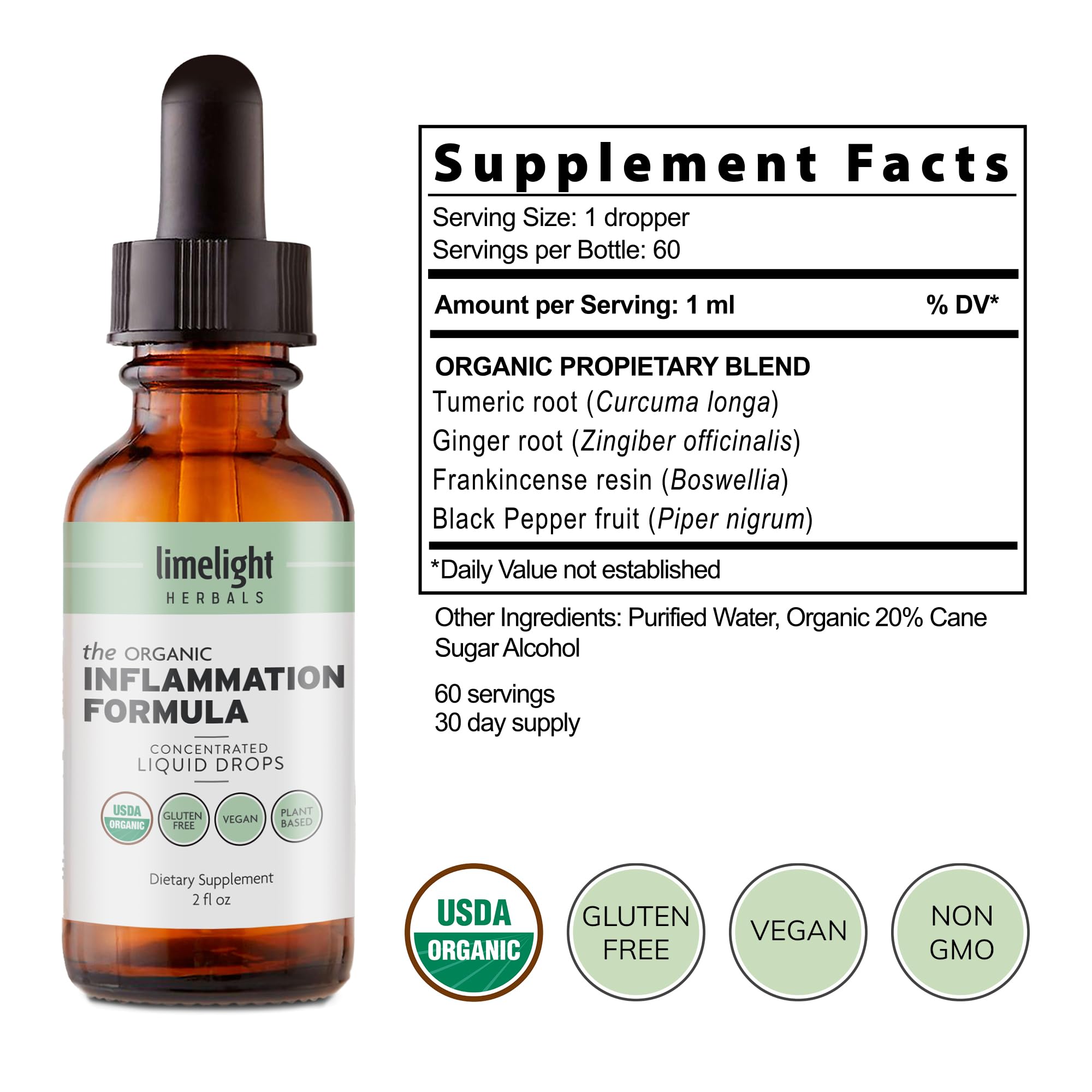 Limelight Herbals Organic Inflammation Formula bottle on shelf, organic and third-party tested