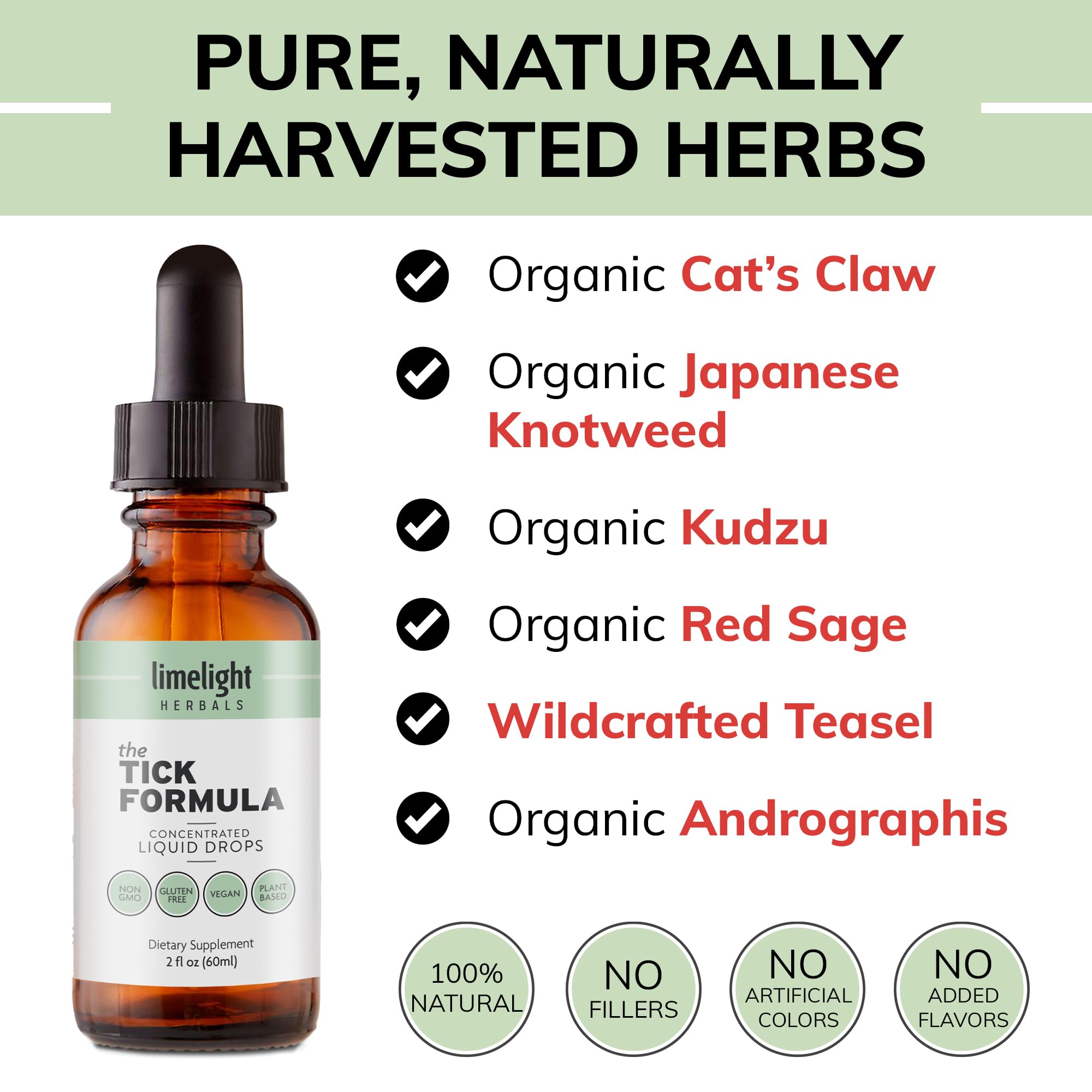 LIMELIGHT HERBALS Tick Formula ingredients including knotweed and cats-claw andrographis for immune support.