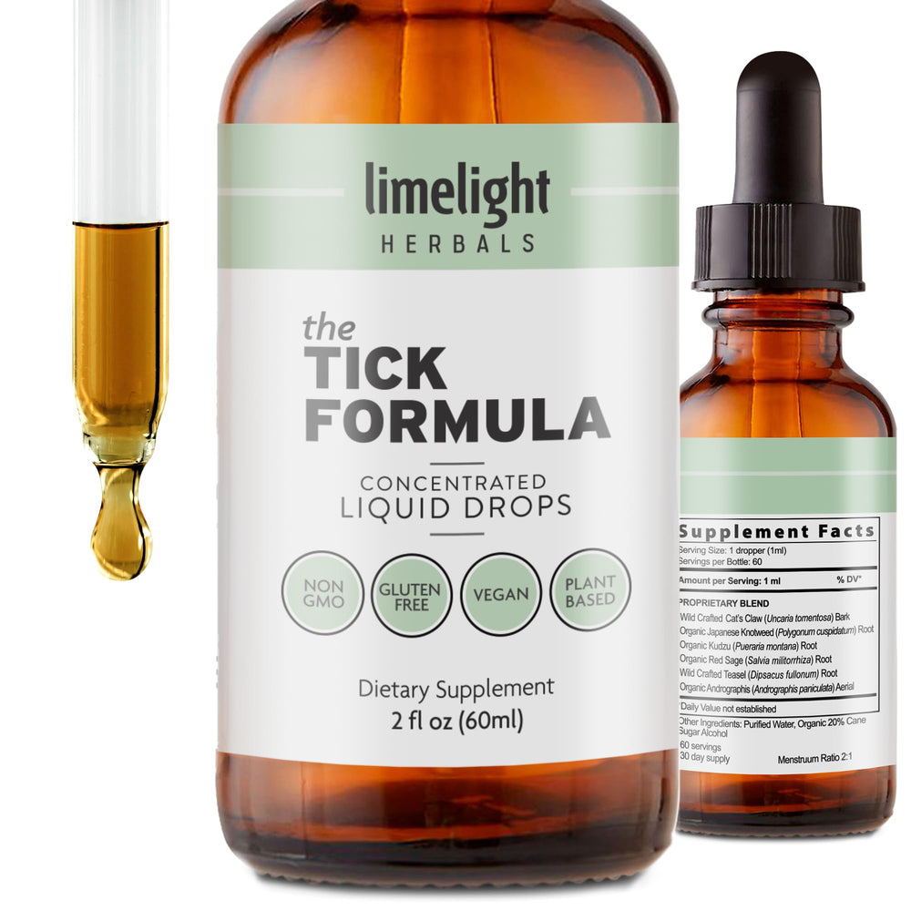 LIMELIGHT HERBALS Tick Formula bottle label highlighting organic ingredients for immune support.