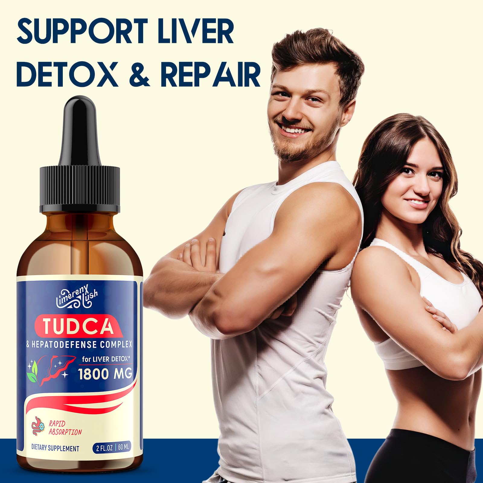 LimerenxLush TUDCA Liver Support Drops daily-use packaging supports vegan and clean diet preferences.