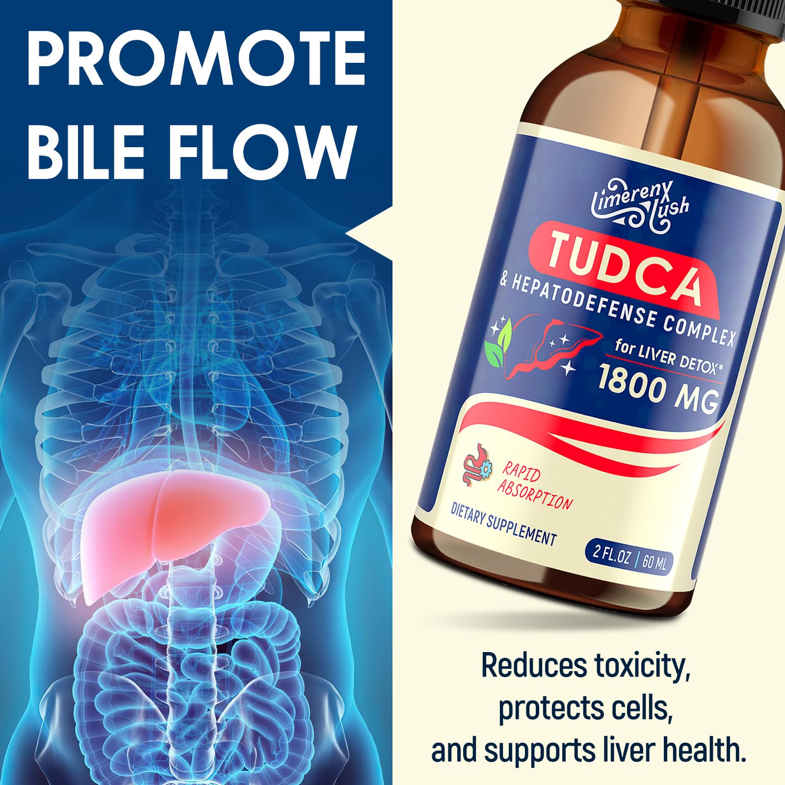 LimerenxLush TUDCA Liver Support Drops ingredients list showcases NAC, Schisandra, and Dandelion.