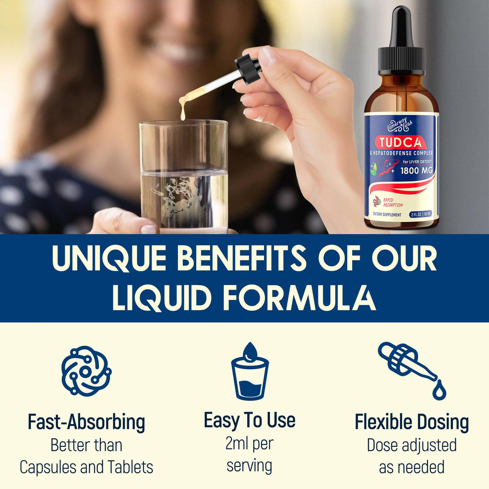 LimerenxLush TUDCA Liver Support Drops label closeup highlights alcohol-free formula.