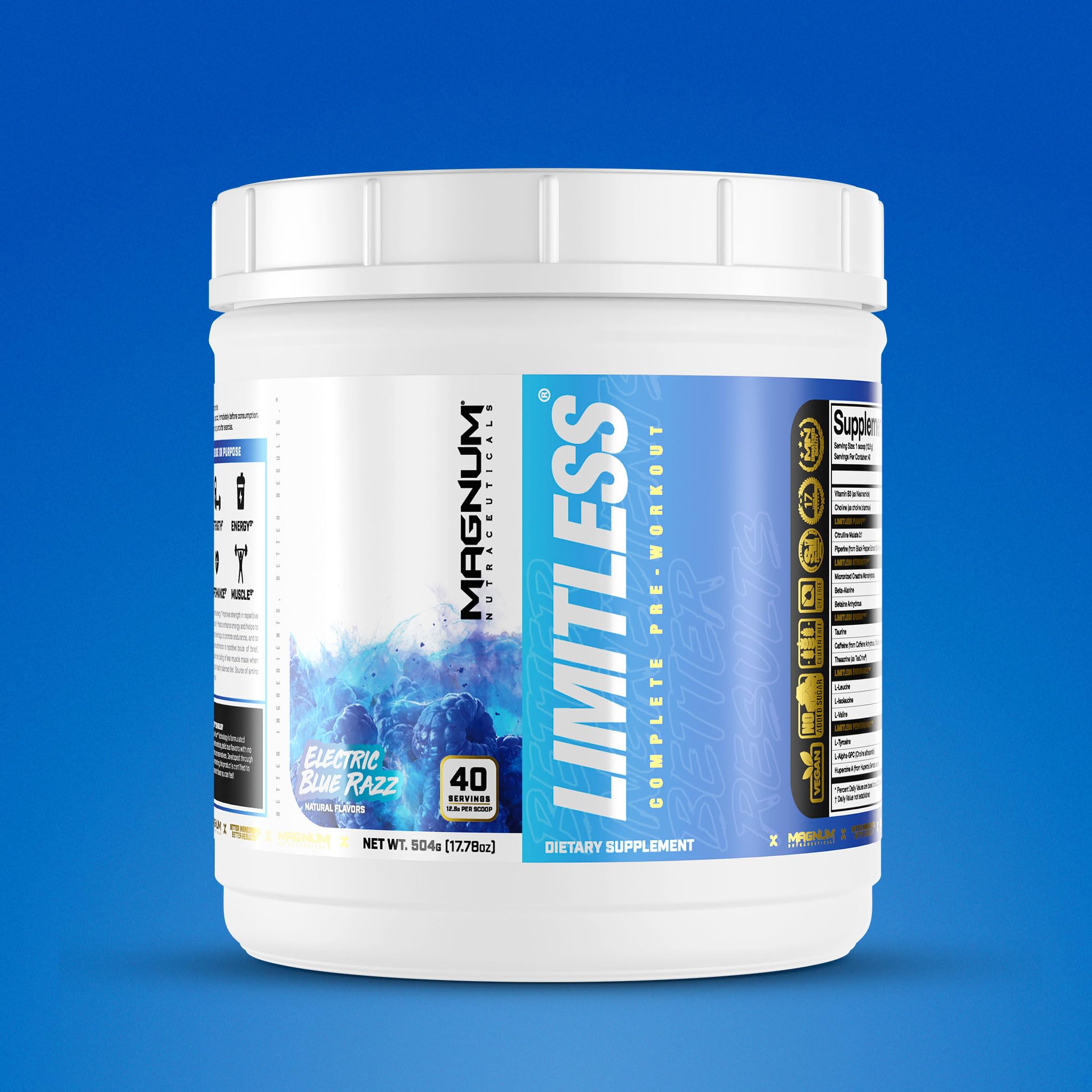 LIMITLESS Magnum blue raspberry label highlights premium ingredients