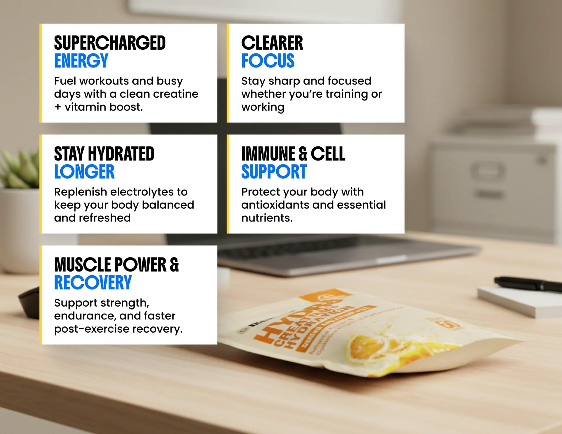Limitless HYDR8 desk and gym scene shows portable hydration for busy days.
