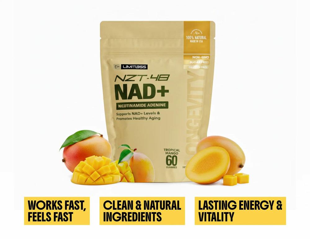 LIMITLESS X NZT-48 NAD gummies label close-up showing ingredients