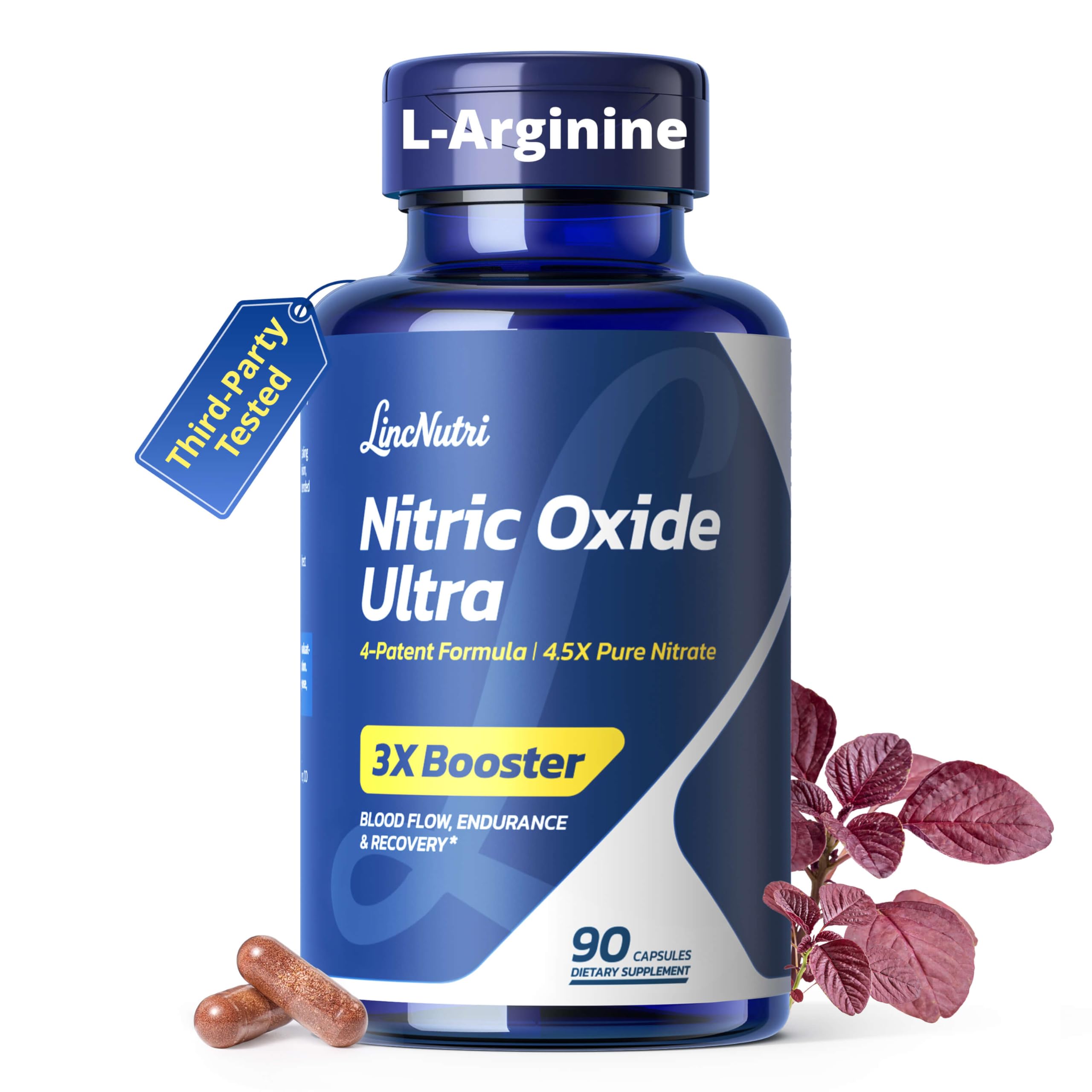 LincNutri Nitric Oxide supplement bottle pouring, signaling daily energy and circulation support