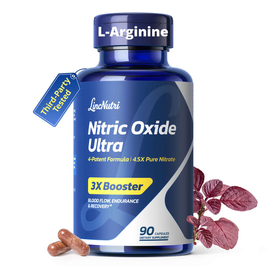 LincNutri Nitric Oxide supplement bottle pouring, signaling daily energy and circulation support