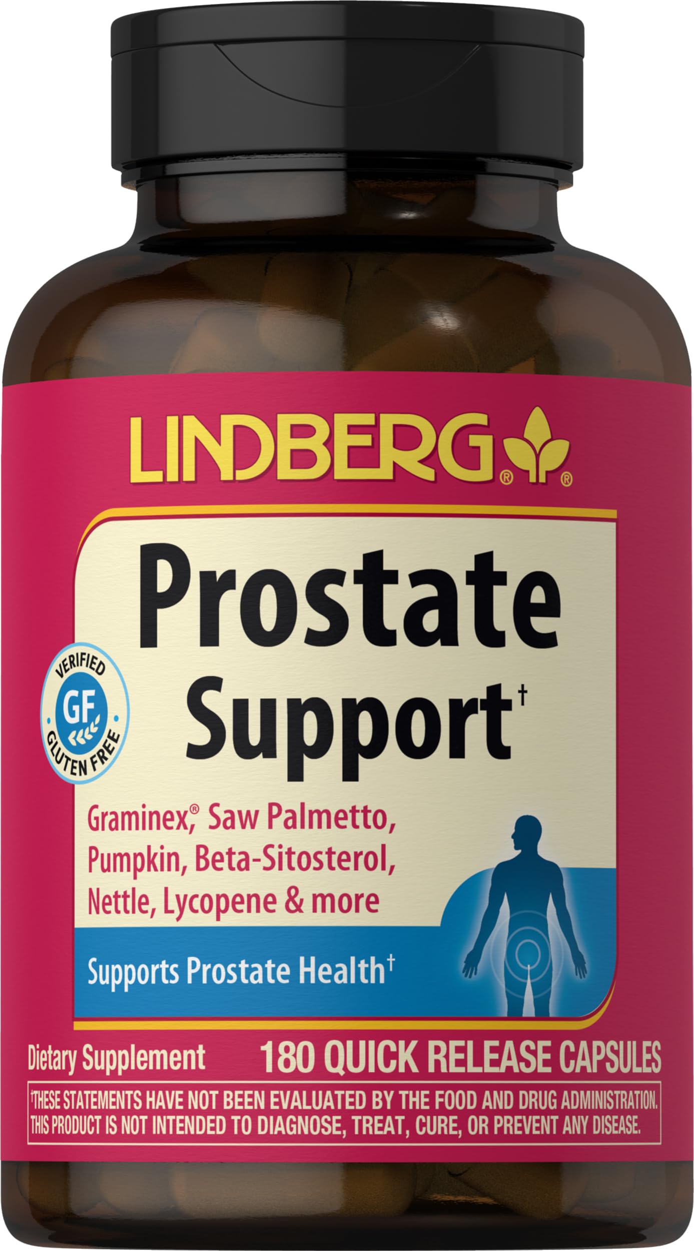 Lindberg Prostate Supplement bottle with capsules, supports urinary comfort.