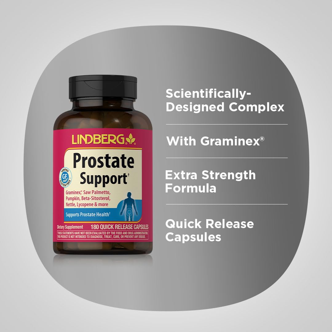 Lindberg Prostate Supplement label, non-GMO and gluten-free for everyday use.