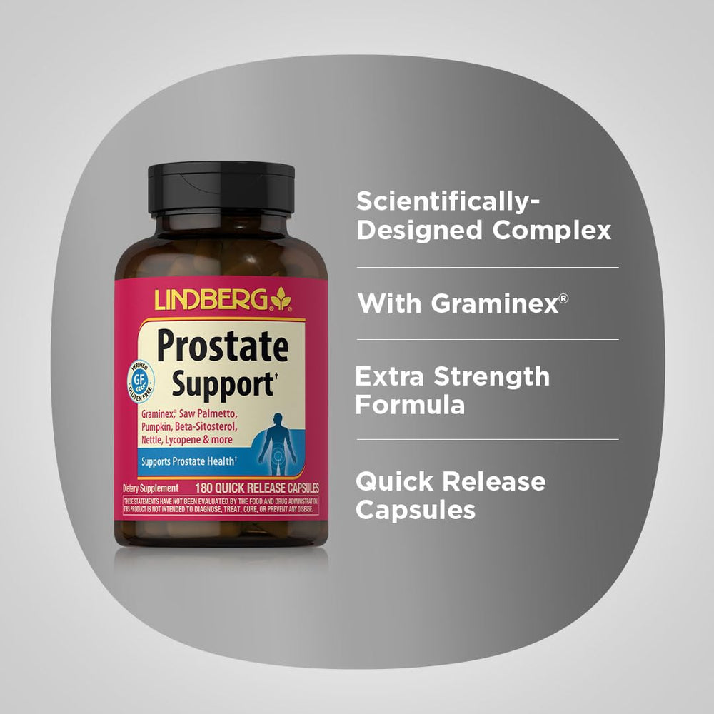 Lindberg Prostate Supplement label, non-GMO and gluten-free for everyday use.