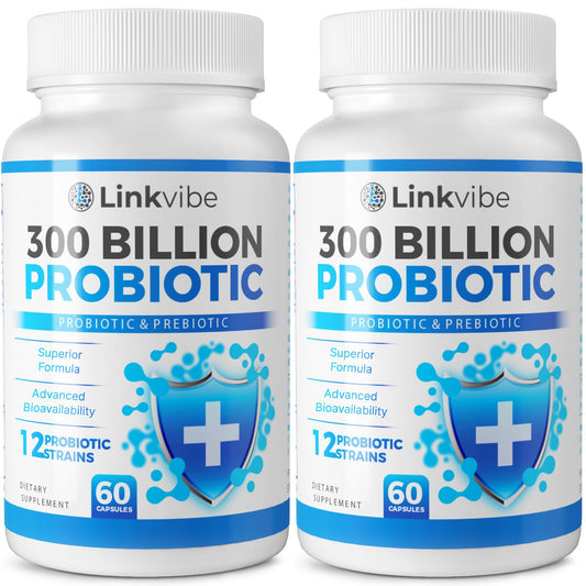 Linkvibe probiotic bottle showing 300B CFU capsules for daily digestive balance