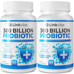 Linkvibe probiotic bottle showing 300B CFU capsules for daily digestive balance
