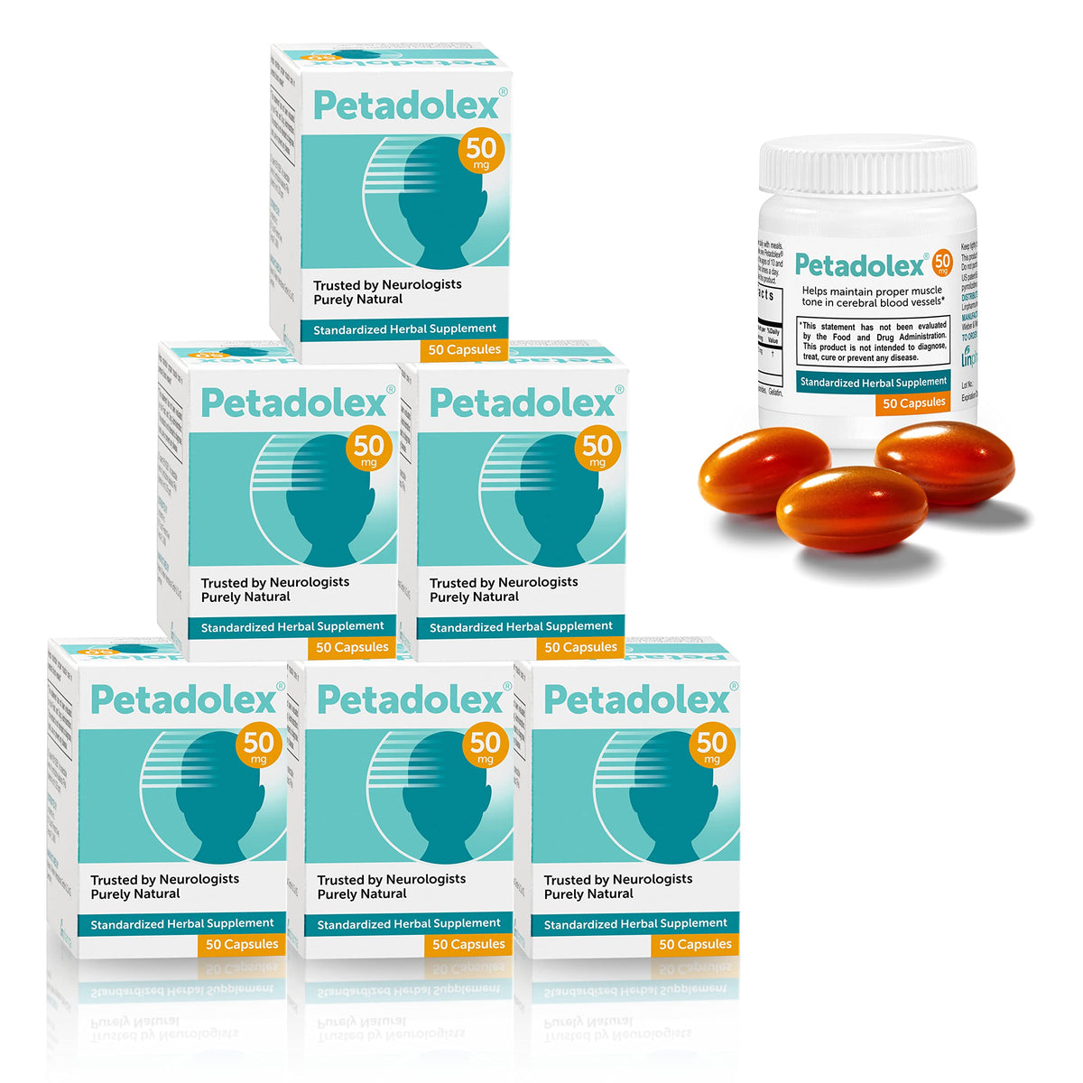 Linpharma Petadolex 50 mg bottle front, may support headache prevention.