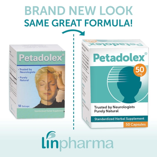 Linpharma Petadolex 50 mg bottle side, PA-free formulation for safety.