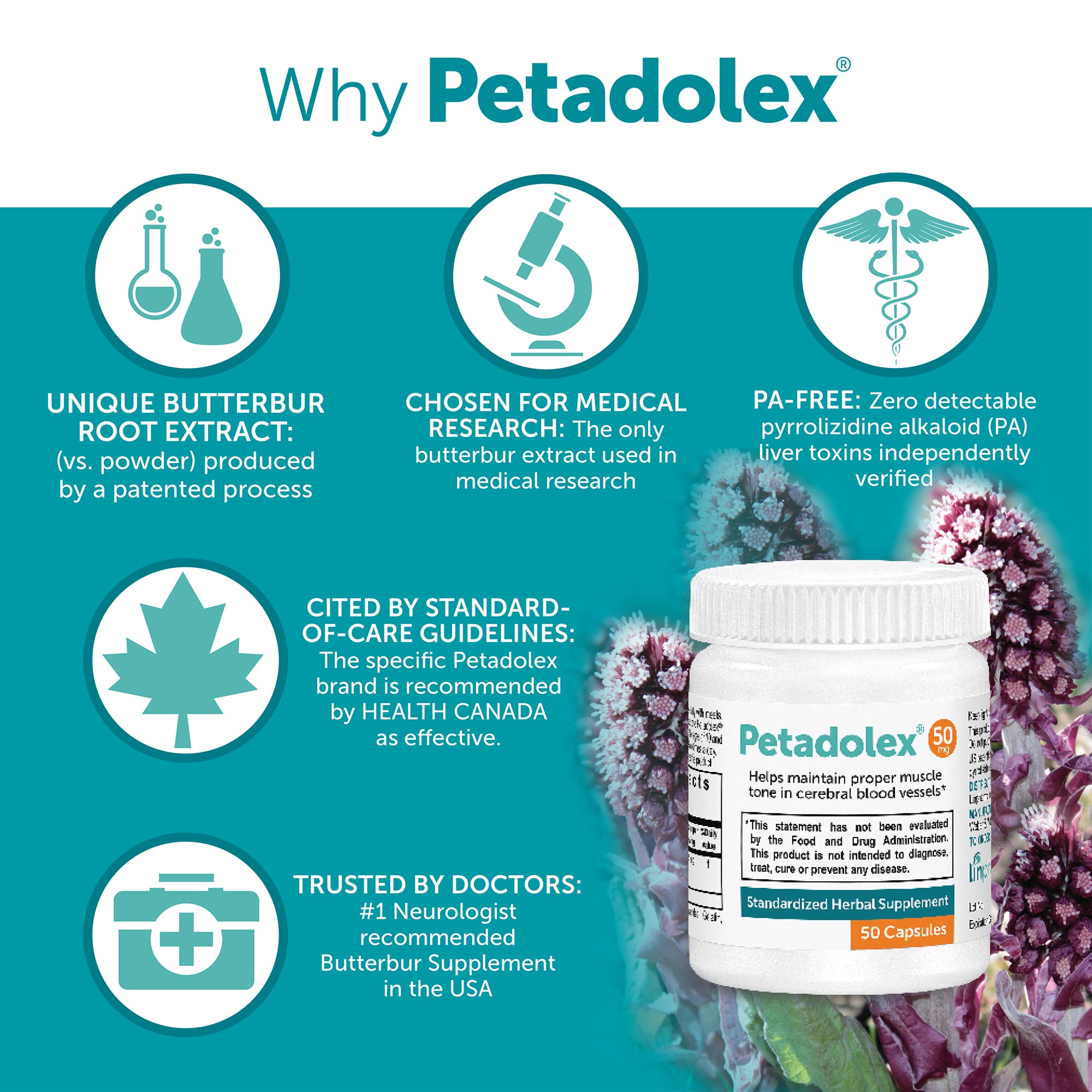 Linpharma Petadolex 50 mg capsules close-up, purified butterbur extract.