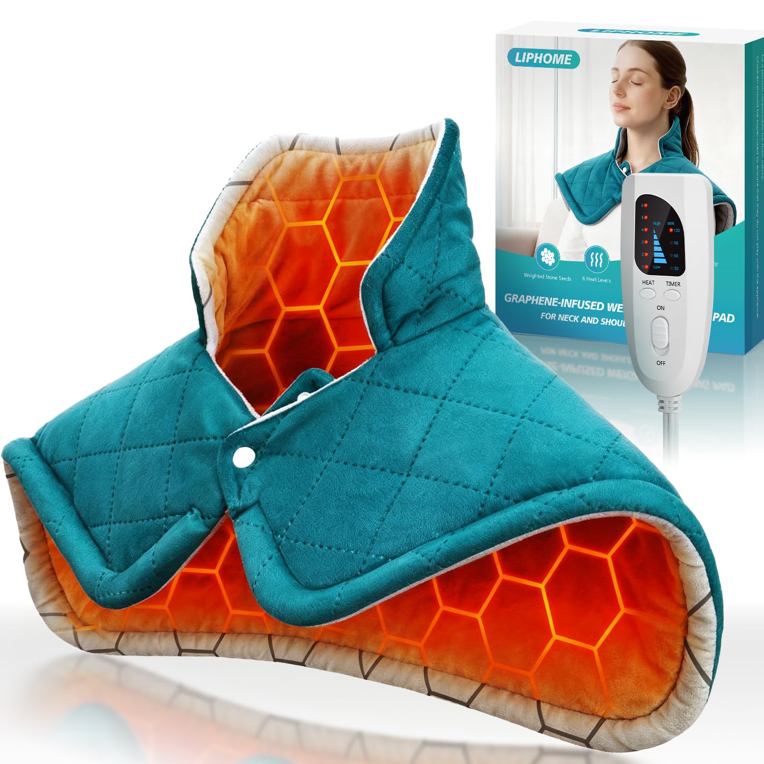 LIPHOME graphene heating pad on neck and shoulders for targeted warmth and relief