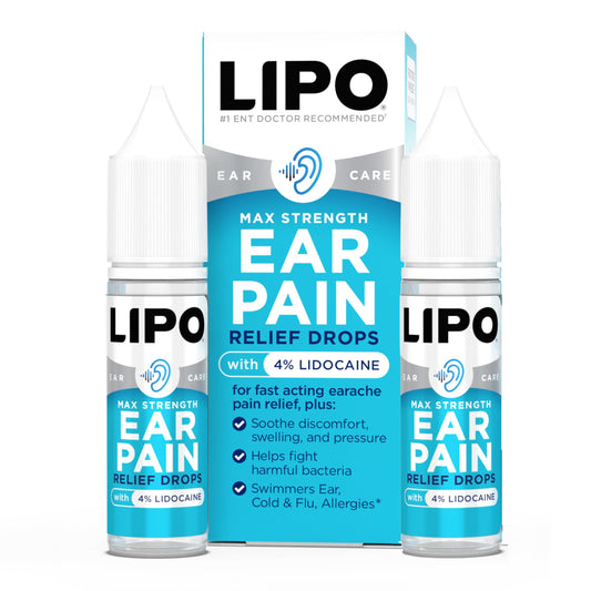 Lipo-Flavonoid ear drops with 4% lidocaine, pack of two tubes for quick relief.