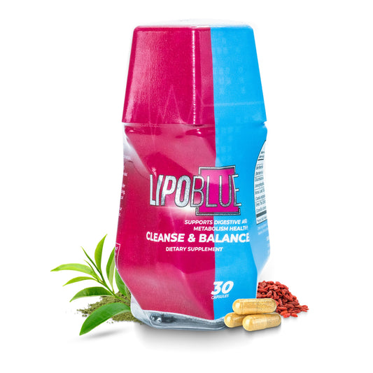 LIPOBLUE bottle front showing weight management label