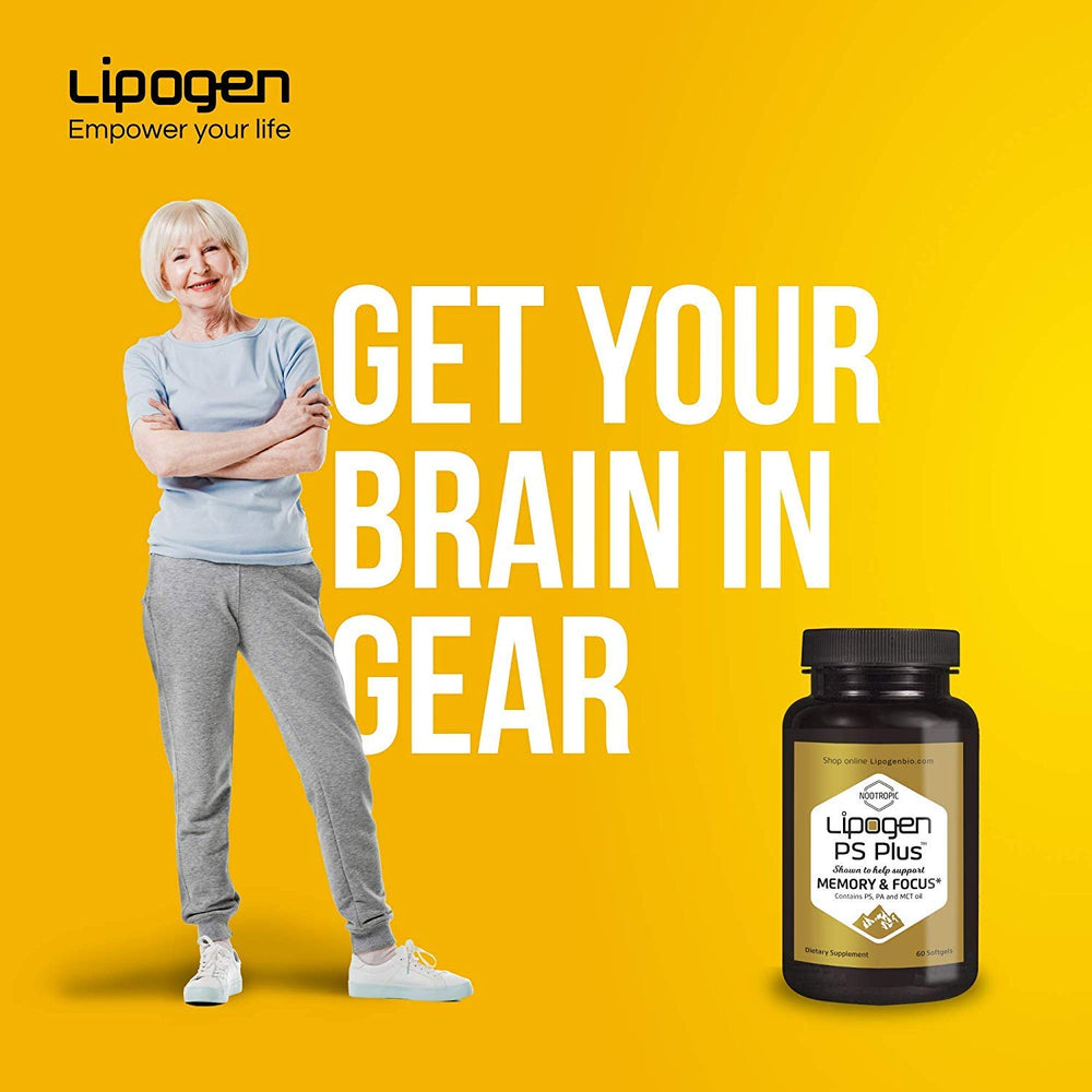 Lipogen PS Plus Extra close-up notes 33% PS increase for brain support.