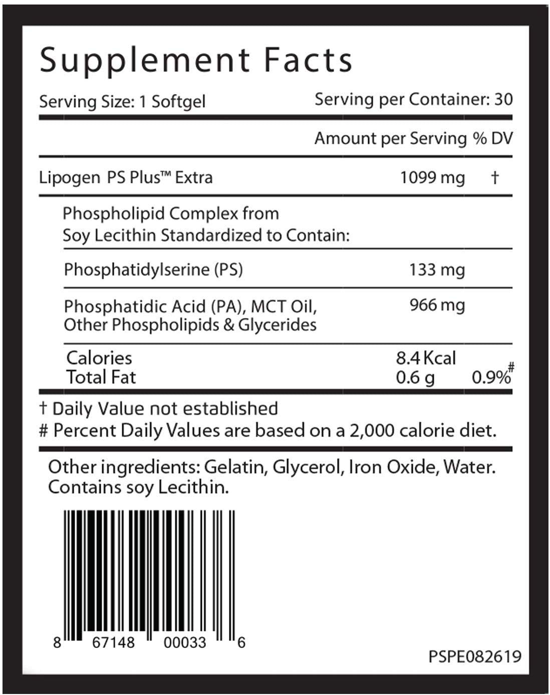 Lipogen PS Plus Extra label highlights patented PS + PA blend.