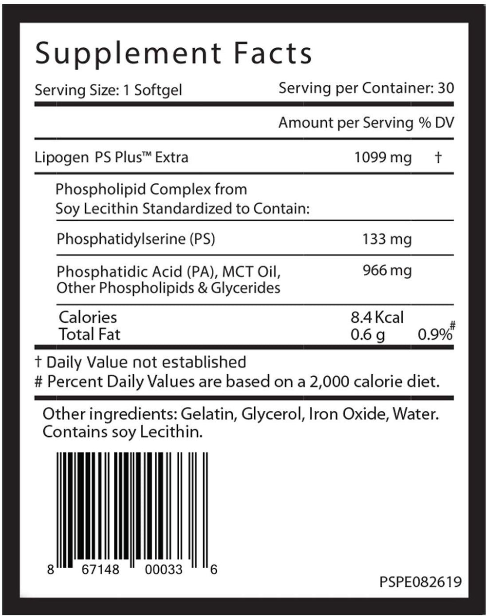 Lipogen PS Plus Extra label highlights patented PS + PA blend.