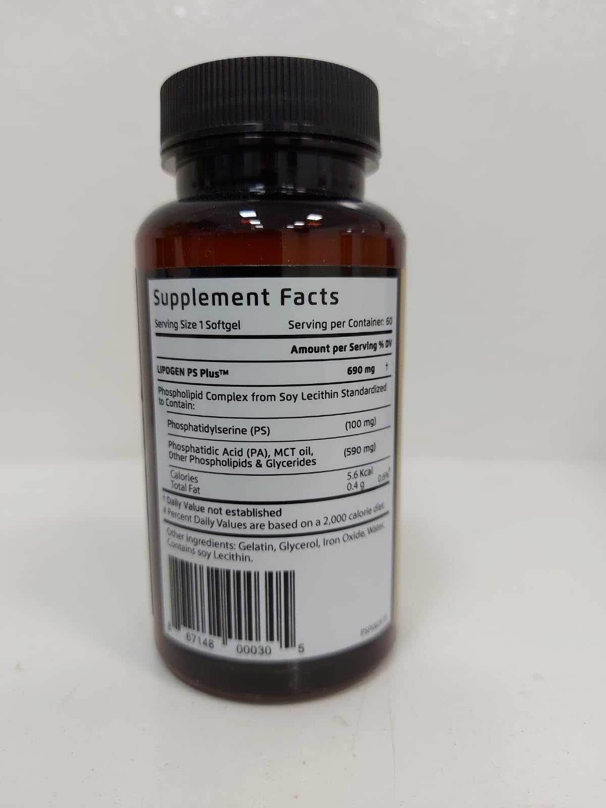 Lipogen PS Plus label detail reveals dose information and quality ingredients for brain health.